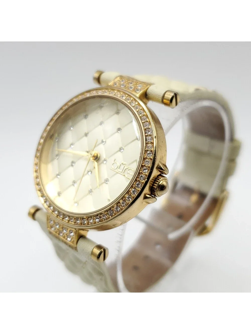 Burgi Quartz Womens Watch 31mm Gold Tone Rhinestone Bezel New Battery
